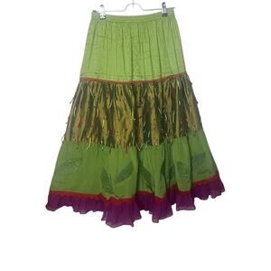 Upcycled Namba Silk Festival Artsy Fairycore Skirt Sz Medium Green Pink Fringe